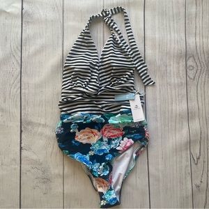 Cupshe One Piece Floral Striped Halter Neck Swimsuit size XL
